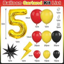 5, 6, 7, 8, 9, 10, 11, 12 Years Old Birthday Red, Black, Yellow Latex Balloon Arch Set & 32" Gold Numeral & Yellow Foil Balloon Set, Cartoon Theme, Birthday Party Decoration