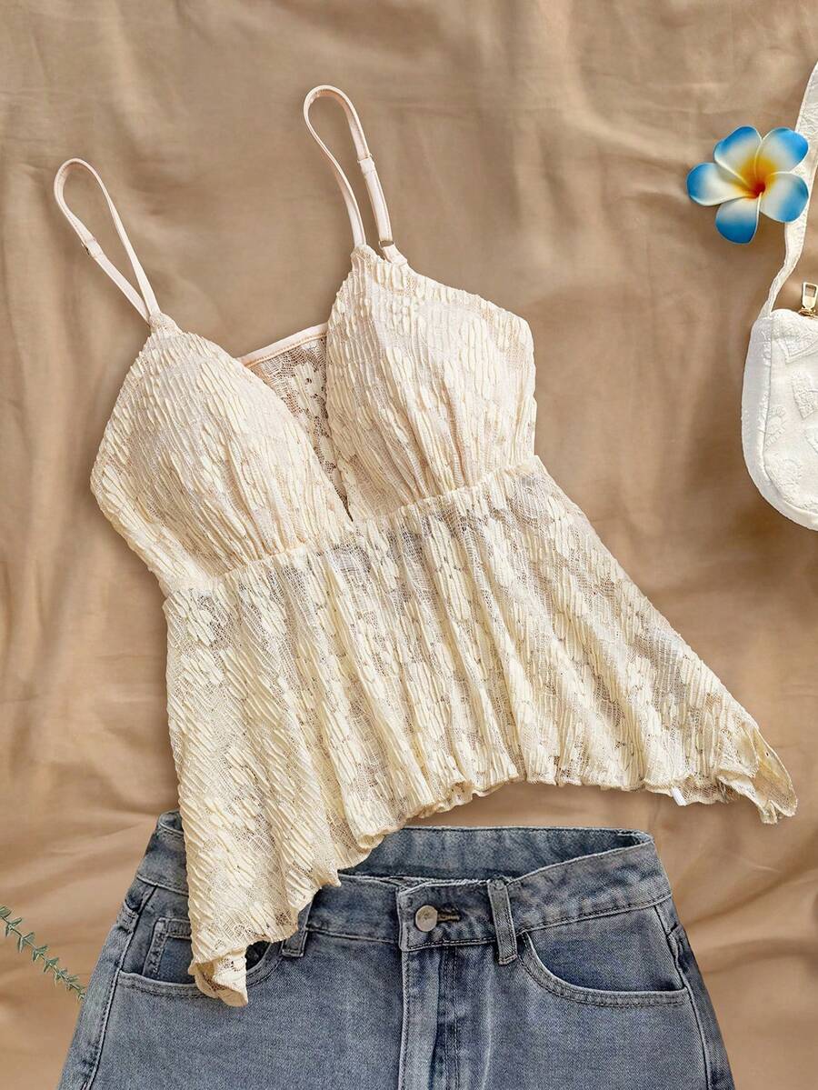 Texture Sheer V-Neck Sexy Asymmetrical Hem Lace Camisole - Apricot - View 1