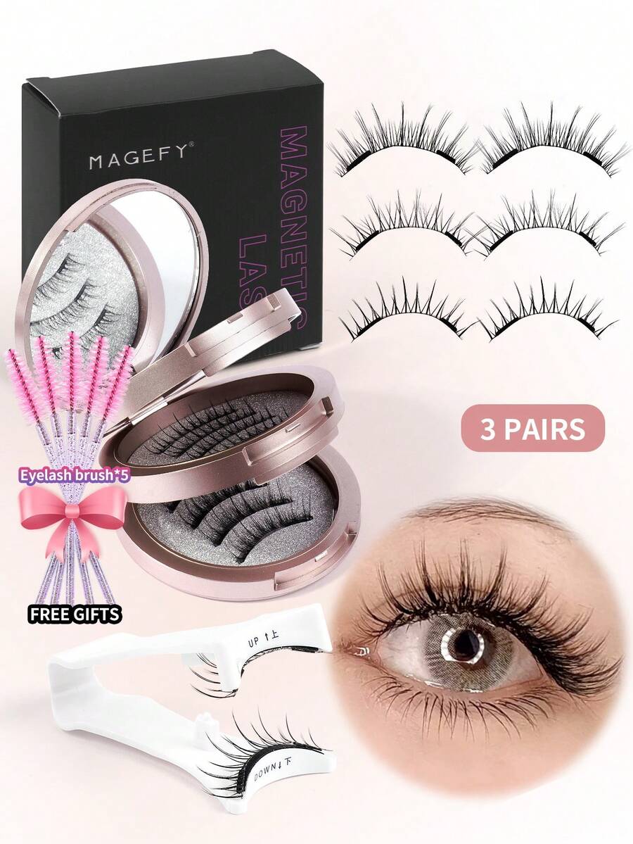 MAGEFY 3 Pairs Magnetic False Eyelashes, Natural Look, Reusable, Comes With Eyelash Curler And 5 Eyelash Brushes, No Glue Needed, Assorted Styles, Easy To Apply And Remove, Suitable For Daily, Party, Stage, Gala Makeup, Also Ideal As Gifts For Women's Day, Valentine's Day, Music Festival, Christmas, Christmas Eve, Thanksgiving