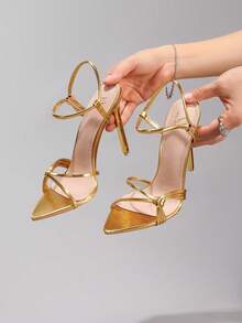 Giày sandal cao gót màu vàng ánh kim dành cho nữ, kiểu dáng thanh lịch và gợi cảm, mũi nhọn, thích hợp cho các buổi tiệc tối trang trọng, phù hợp với trang phục mùa xuân hè. - Vàng - Xem 7