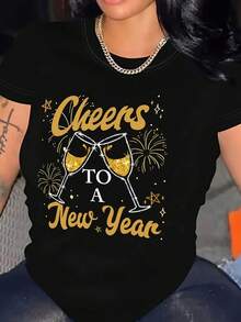 Celebre el Año Nuevo Camiseta estampada de algodón negro Tema de saludos de moda para mujer Top de manga corta con cuello redondo Camiseta con gráfico de tela elegante de 180 g Diseño informal con brillo festivo Traje de fiesta ideal Ropa de invierno cómoda y cálida Armario de moda esencial - Negro - Ver 1