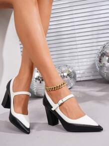 2025 New Black & White Color-Block Chunky Heel Pointed Toe Fashion Versatile Elegant Pumps
