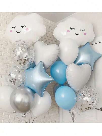 22 Stücke, weiße Lächeln Wolkenballons 18 Zoll Herz Stern Set Silber Chrom Konfetti Kugeln für Geburtstag Hochzeitsparty Wolkenballon Dekoration, Shower Ballons, Veranstaltungsdekoration