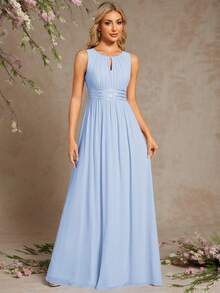 浪漫雪纺露背荷叶边浅蓝色伴娘礼服，婚礼宾客半正式礼服 - 淺藍色 - 查看 7
