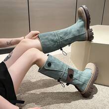 New Retro Denim Thick-Soled Work Boots For Women, Shell-Toe High-Top Riding Boots - Dusty Blue - View 4