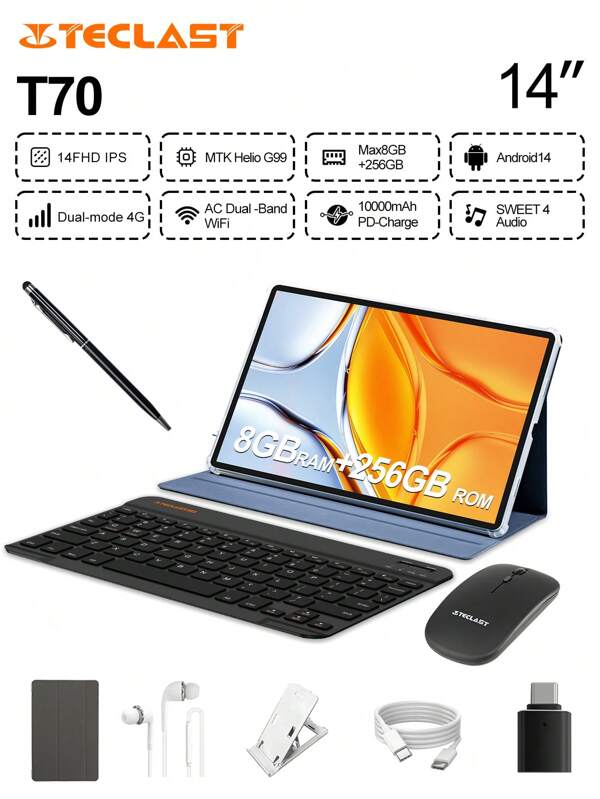 Teclast Teclast T70 Tablet (MTK G99 8-Core 2.0GHz/8GB RAM/256GB ROM/14 Inch 1920*1200iPS TDDI/WIFI5G/4G Dual SIM LTE/10000mAh/Type-C/8MP+13MP Camera/Android 14) Keyboard,Accessories Bundle Case