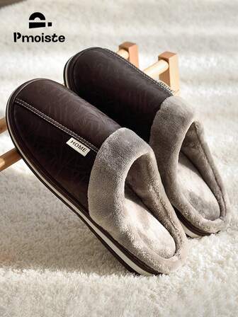 Herrvintertofflor, varma, fluffiga och halkfria sovrumsskor i konstläder med minnesskum, klassiska varma, mjuka herrtofflor, bruna