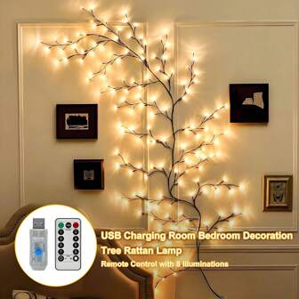 1pc LED Brown Willow Vine Lamp, Curved Vine Branch Fairy Lamp, Flexible Artificial Branch Lamp, 72 LED 57 Inch, 96 LED 72.8 Inch, Indoor Night Light, Wall Embellishment Creative Decorative Lamp, 8 Modes Of Lighting, Holiday Decorative Lamp