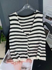Women's Striped Knitted Cardigan With Button Deep V-Neck Vest
