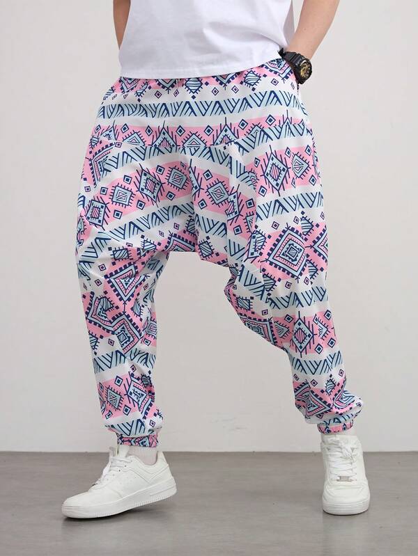 سراويل فضفاضة عصرية بنمط هندسي أسلوب بوهيمي مريحة للرجال، بنطلون لليوغا، لأجازة الشاطئ