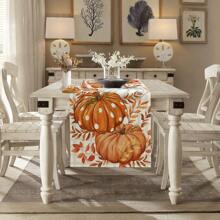 1pc Linen Pumpkin Print Table Runner, Simple Home Decor For Living Room Coffee Table, Autumn Farmhouse Style Decorative Cloth, Suitable For Thanksgiving/Halloween, Multi-Occasion