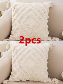 1pc/2pcs Beige Diamond Pattern Throw Pillow Cover, Bohemian Nordic Style Canvas Tufted Fringe Decorative Cushion Cover For Bedroom, Living Room, Sofa, Car, Patio, Garden, 30*50cm, 45*45cm, Seasonal Use - Beige - View 15