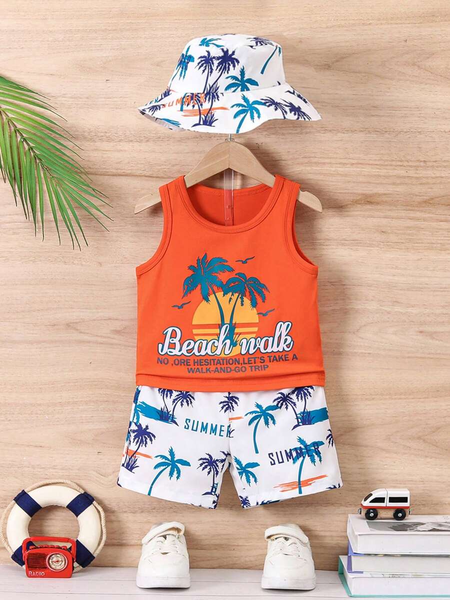 3 件套男婴椰子树印花背心、全身印花短裤和太阳帽套装，休闲度假装