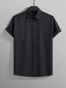 Men's Dress Shirts,Solid Color Geometric Diamond Check Short Sleeve Shirt,Button-Down Business-Casual Shirts With A Regular Fit, Which Are Highly Suitable For Wearing At Wedding Parties, At Work Or In The Office,For Father's Day Gift