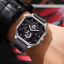 1 件男士休闲矩形皮革石英运动手表 - 黑色 - 查看 6