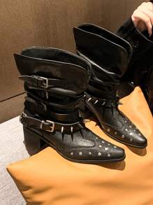 Botas hasta el tobillo, botas retro remachadas hasta la pantorrilla, botas de mujer francesas versátiles tipo western, botas de caballero, botas pequeñas