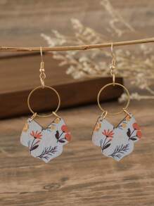 1 Pair Bohemian Floral Print Hoop & Wooden Slice Dangle Earrings, Copper Alloy Jewelry For Women, Metal Earring Hook Design, Suitable For All Seasons