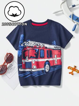 Maglietta a maniche corte casual per ragazzi, con stampa di un camion dei pompieri, traspirante per l'estate