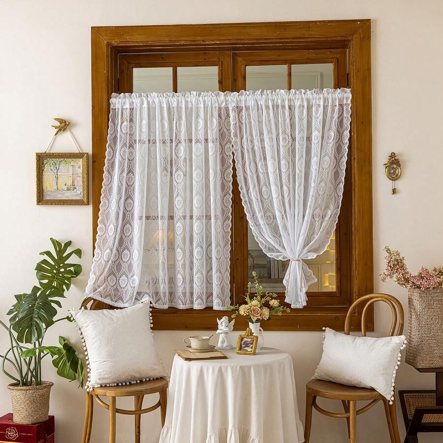 1 件法式乡村白色花卉提花透明蕾丝窗帘，带杆袋悬挂，适用于客厅、卧室、阳台、厨房、小屋、花园、窗户装饰，夏季