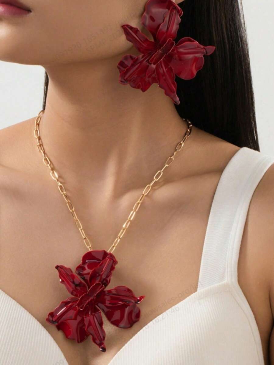 1 Set Red Floral Earrings And Necklace Jewelry Set - Burgundy - View 1