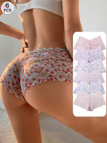 6 PCS Women's Sexy Lace Boxer Shorts Panties Mid Waist Seamless Briefs Tummy Control &Butt Lifter Stretch Underwear Color Printing Lingerie