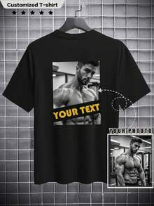 Customized Loose Breathable Lightweight Comfortable T-Shirt For Men, Suitable For Boyfriend, Casual, Loose, Holiday, Outdoor, Festival, Spring/Summer, Photo Customization, Graphic/Text Customization, Can Use Your Own Photo/Logo/Name/Slogan/Funny Text/Blessing, Suitable For Couples - Black - View 2