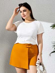 Skort de Cintura Elástica con Abertura Delantera – Talla Extra        Cremallera  Envolvente  Anilla - Naranja - Ver 3