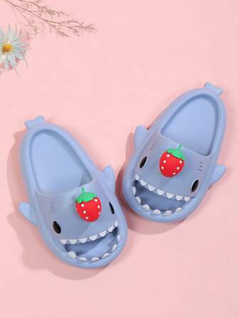 Cute Kids Spring/Summer Strawberry Shark Design Slippers For Boys And Girls, Cartoon Toddler Sandals