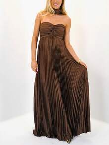 Women Solid Color Formal Strapless Dress Sexy Backless Maxi Long Dresses Y2K Sleeveless Cocktail Ruffle Flowy Tube Dresses With Neck Scarf Summer Sundress - Cà phê - Xem 1