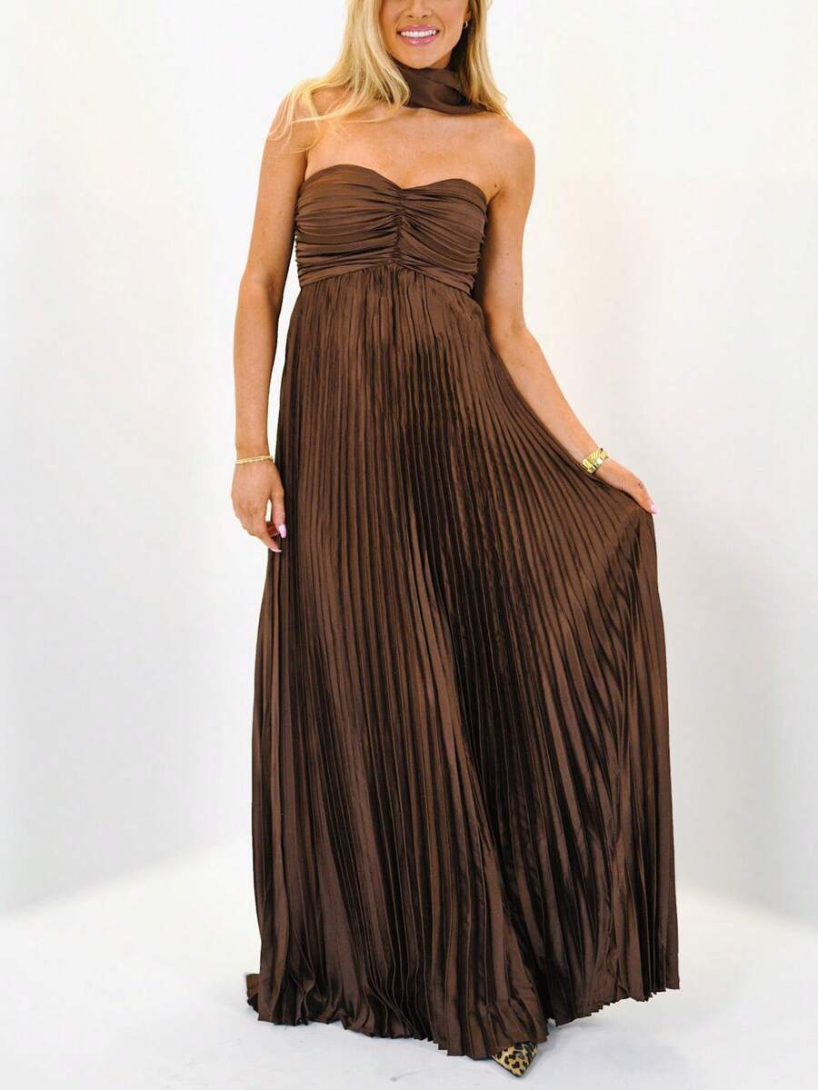 Women Solid Color Formal Strapless Dress Sexy Backless Maxi Long Dresses Y2K Sleeveless Cocktail Ruffle Flowy Tube Dresses With Neck Scarf Summer Sundress - Cà phê - Xem 1