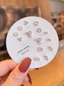14pcs/Set Cute Faux Pearl, Glass, Rhinestone Butterfly, Pentagon, Star Shaped Earring Set, Suitable For Women, Daily Wear And Gift