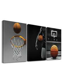 Set Of 3 Sports Action Poster, Basketball Wall Art, Athletics Art Prints, Hoop Canvas Print, Team Sport Room Aesthetic, Court Poster, Paintings, Decorative Artwork, Painting, Home Decor, Room Aesthetic, Posters, Gift For Friends ,Wall Art With Frame - 3Pcs/Set - View 1