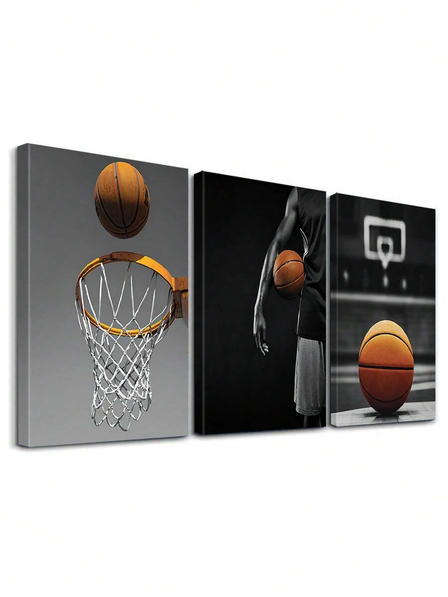 Set Of 3 Sports Action Poster, Basketball Wall Art, Athletics Art Prints, Hoop Canvas Print, Team Sport Room Aesthetic, Court Poster, Paintings, Decorative Artwork, Painting, Home Decor, Room Aesthetic, Posters, Gift For Friends ,Wall Art With Frame - 3Pcs/Set - View 1