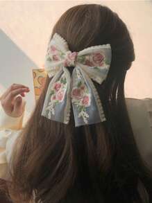1pc Women's Embroidered Floral Ribbons Big Bow Hair Clip, French Lace Flower Hair Accessory