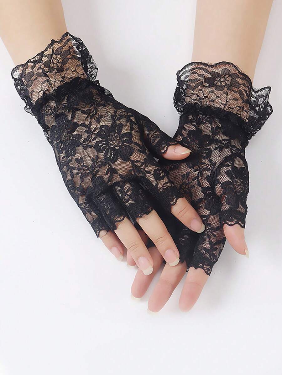 Flower Half-Finger Lace Gloves With Hollow-Out Design - White - View 1