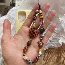 Vintage Heart Shape Mushroom Design Keychain Amber Color Plastic Phone Lanyard Anti-Lost Strap Bracelet Decoration Pendant Y2K