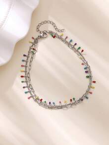 波西米亚风彩色流苏不锈钢沙滩脚链，18K 镀金防褪色防水双层链脚链，海滩度假珠宝配饰，送给母亲/挚友的完美礼物 - 不銹鋼 - 查看 3