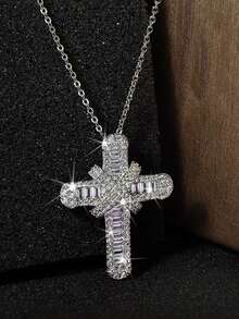 1pc European & American Hip Hop Style Micro-Inlaid Zirconia Cross Pendant Necklace, Suitable For Women's Hip Hop Party & Daily Commute - Silver - View 2