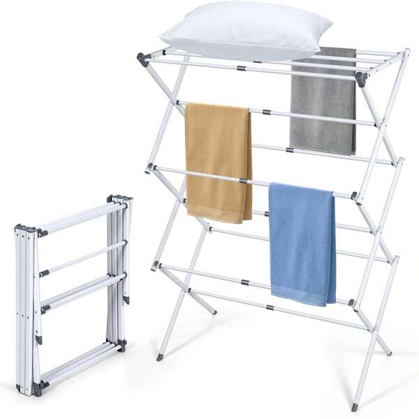 Séchoir à linge pliable, 3 niveaux et 11 barres, gain de place, sèche-linge pliable, porte-serviettes, adapté aux petits espaces, 105 x 37 x 43-76 cm, blanc