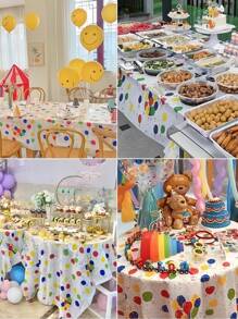 1pc Disposable Colorful Polka Dot Balloon Plastic Table Cover, Durable, Suitable For Rectangular Tables, Birthday Party, Celebration, Party Dining Table Decor | Holiday Tablecloth | Decorative Design, Dining Table Decor, All Seasons