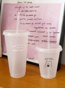 1 pièce Tasse à pailles en plastique avec lettres anglaises et ours, tasse d'eau en forme de cœur pour fille, tasse de café portable, tasse à jus