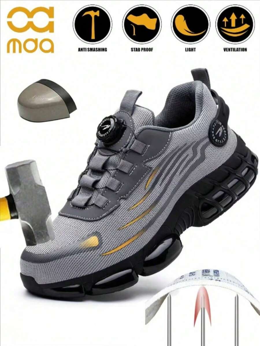 男士安全鞋，轻便透气防砸工作鞋，低帮钢头鞋，黑/灰，男女通用防刺穿安全靴，针织鞋面，旋转纽扣设计方便穿脱，建筑工地防护鞋，四季皆宜