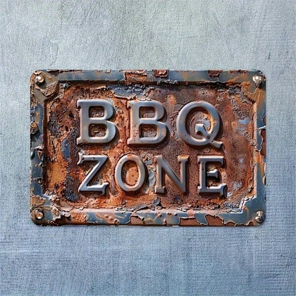 Vintage "BBQ ZONE" Rustic Metal Tin Sign - Humorous Outdoor Wall Art For Patio, Backyard & Grill Masters - Retro Weathered Design, Perfect Gift For Barbecue Enthusiasts, Western Kitchen Decor