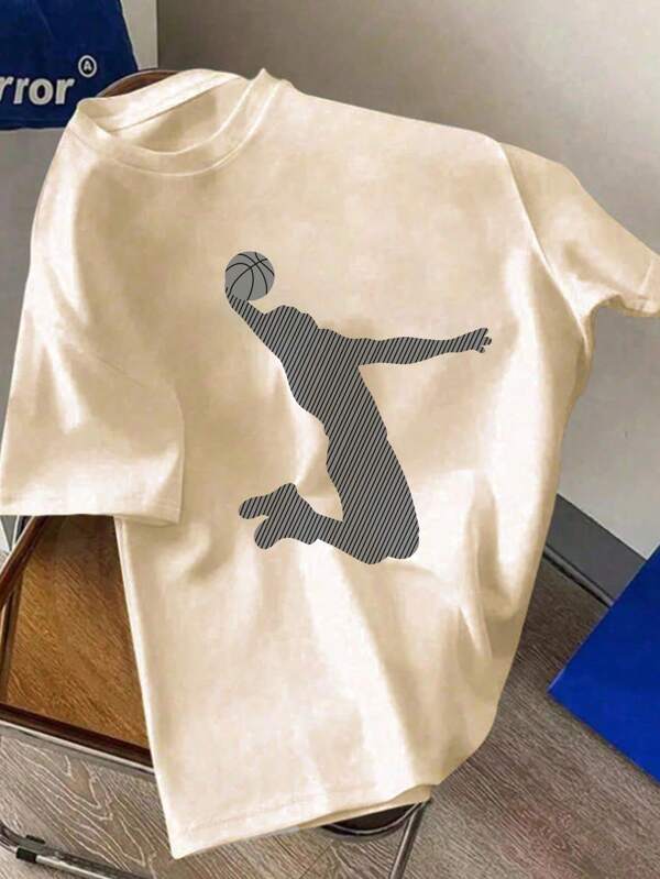 Tween Boy Basketball Print Apricot Round Neck Short Sleeve T-Shirt, Suitable For Tween Boys, 1pc, Summer Top