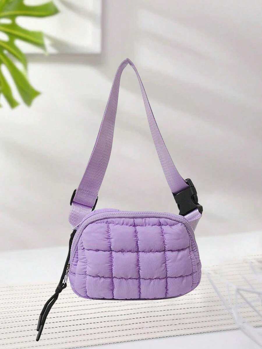 Women's Stylish Plaid Fanny Pack Quilted Sling Pouch Casual Puffer Crossbody Bags For Sports - 紫色 - 查看 1
