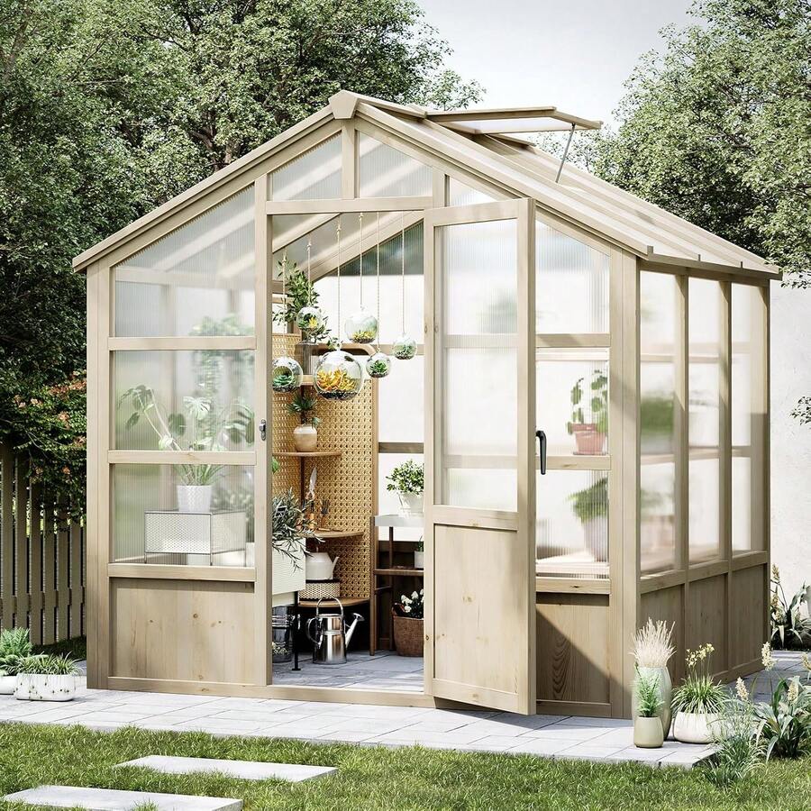 Greenhouse Kit For Outdoor, Wood Frame & Adjustable Ven,Thick Polycarbonate Panel Wooden Walk-In Green House With Lockable Door And Adjustable Roof Vent - Khaki T-shirt - View 1