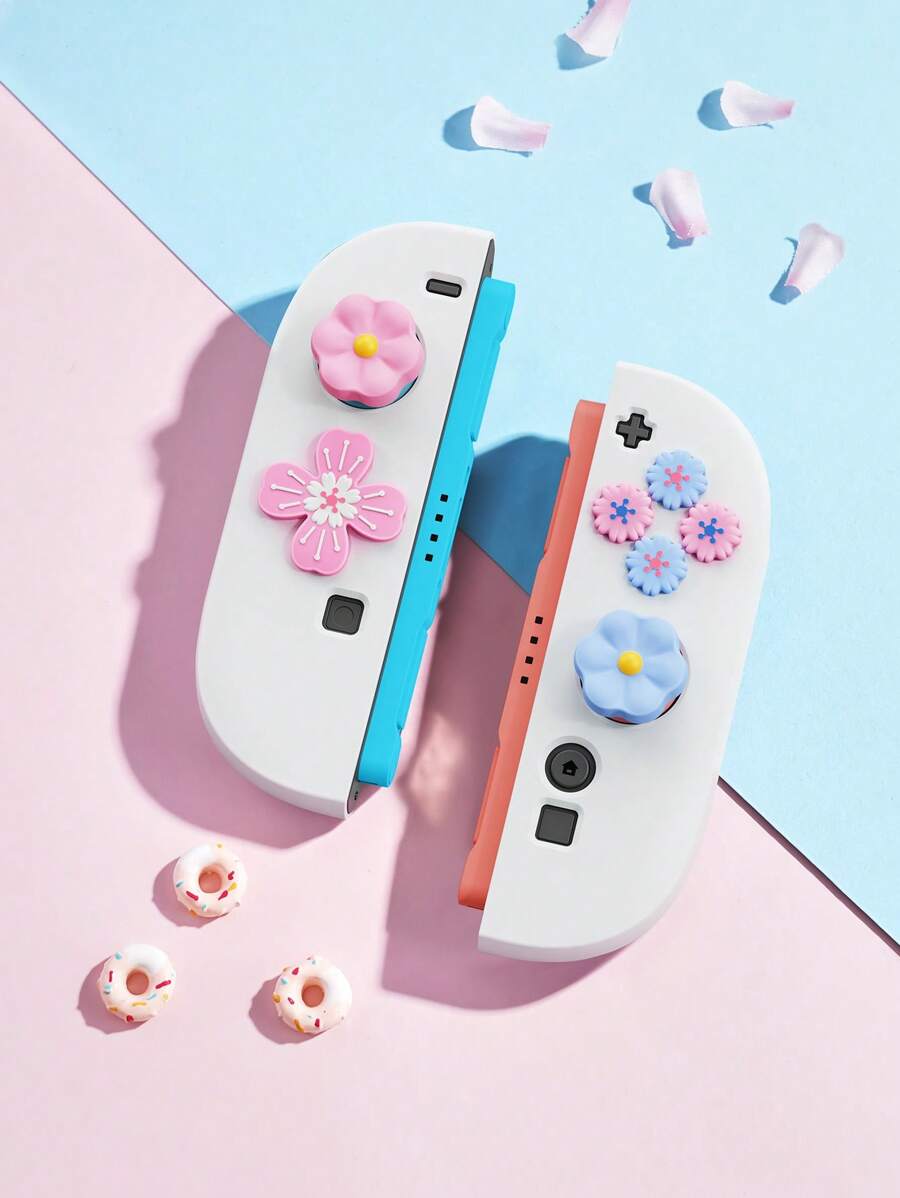 7 Stücke Daumengriffe kompatibel mit New Switch2 (2025), Controller Silikon Joystick Kappen Abdeckung für Switch2 Controller, Spielcontroller Zubehör, 7 Stücke Blumen