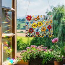 1 Piece Of Beautiful Flowers With Butterflies Flying, 2D Flat Square Color Film Acrylic, Colorful Light, Suitable For Outdoor Garden Sun Catcher, Living Room, Bedroom, Indoor Wall Art Hanging Decoration, Suitable For Family And Friends As Housewarming Gifts, Daily Gifts, Anniversary Gifts And So On