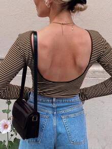 Vaiaye Women's Sexy Backless Striped Knit Long Sleeve Top, Backless Round Neck Casual T-Shirt, Suitable For Work Commute In Spring And Summer - Brown - View 11