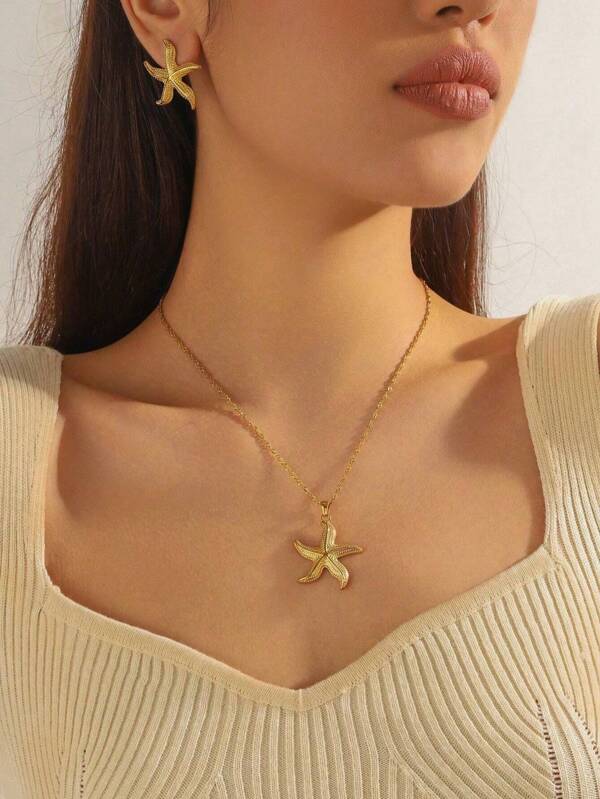 2 Pcs European & American Fashion Beach Resort Themed Stainless Steel Gold Plated Starfish Necklace & Earrings Set, Women Jewelry Gift Suitable For Daily Wear Or Gifts For Friends